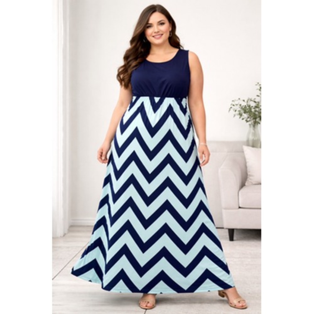 Haute Edition Dress Womens 2X Blue Chevron‎ Maxi Tank Sleeveless Scoop Neck Knit